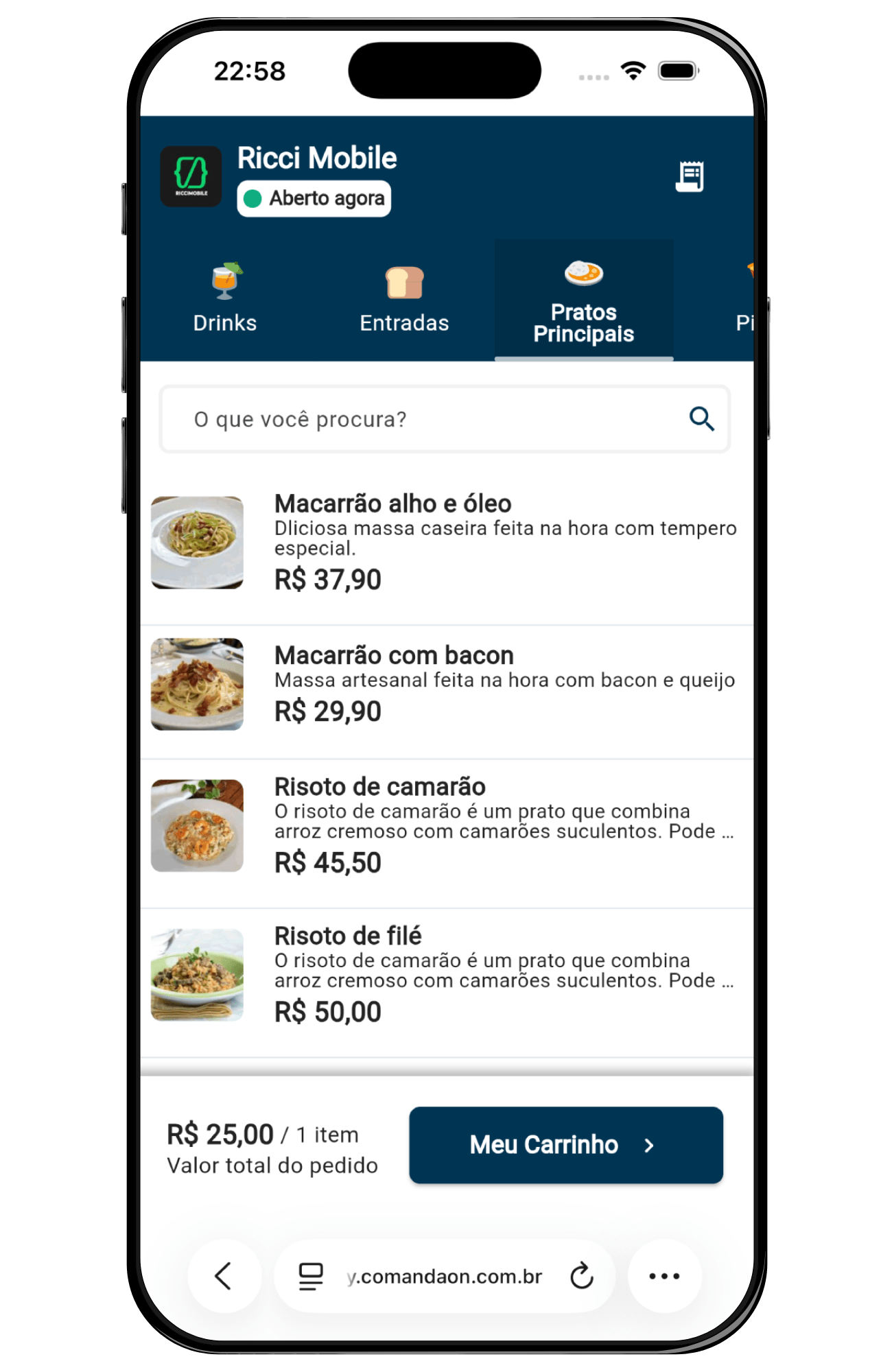 Tela do cardápio online