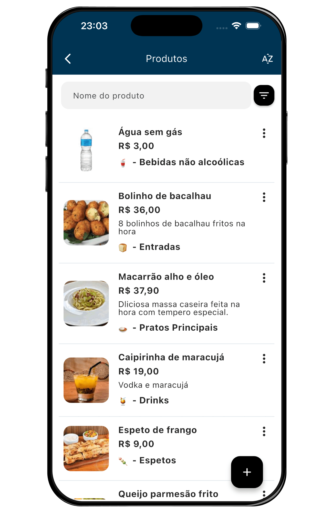 Tela de cadastro de produtos